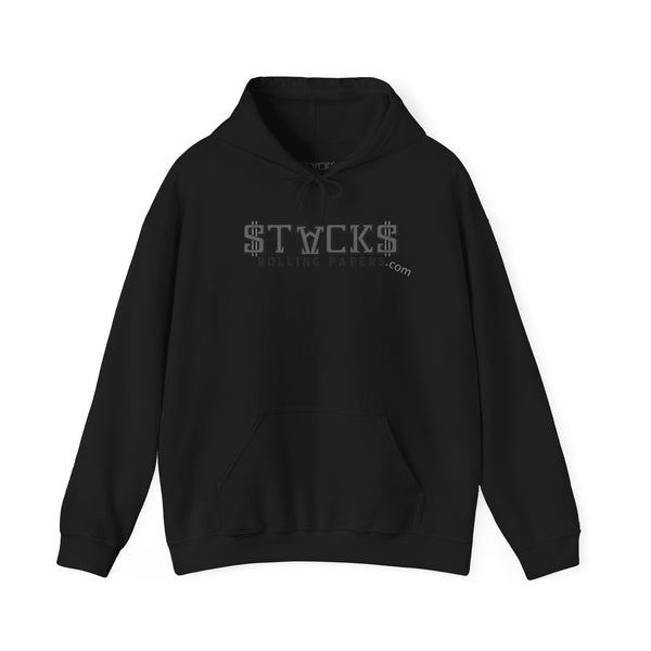 A black long sleeve hoodie with a logo on it, placed on a while background