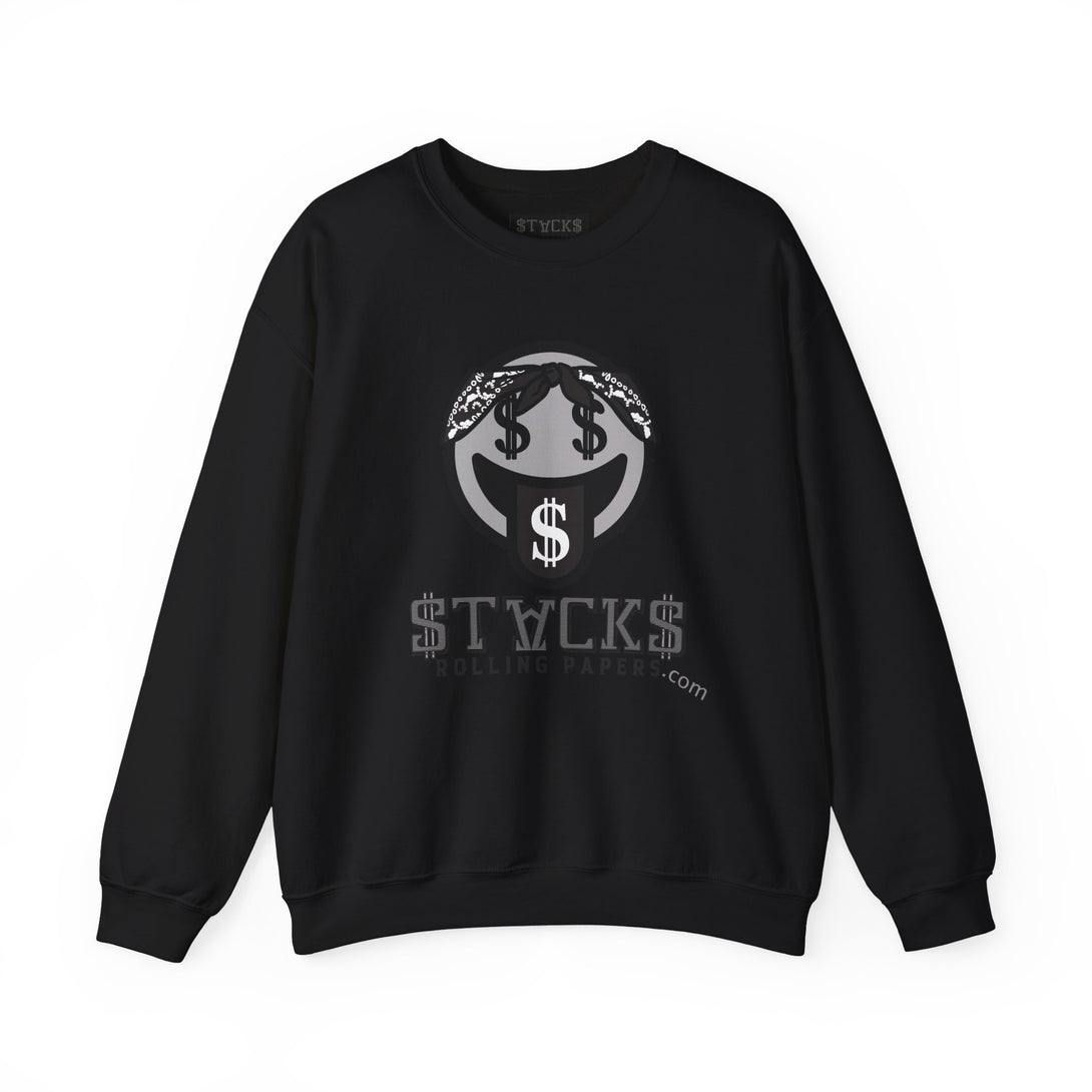 An images of a long sleeve hoodie  having dollars and stacks written on the cloth and the cloth was placed on a white background. 